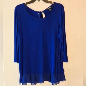 Ellen Tracy Royal Blue Top Blouse with sheer ruffle hem L